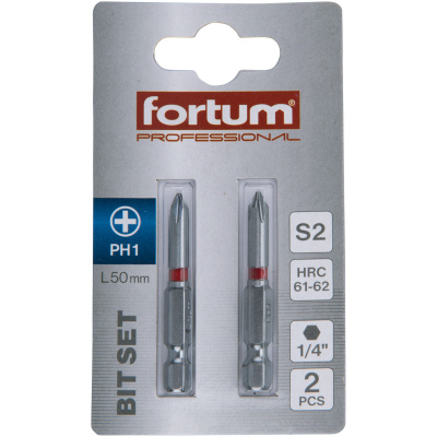 FORTUM Csavarhúzó bit (behajtóhegy), PH1 x 50 mm, 1/4", S2 acél (2 db)