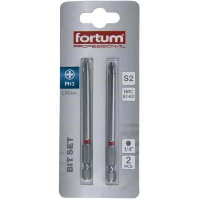 FORTUM Csavarhúzó bit (behajtóhegy), PH3 x 90 mm, 1/4", S2 acél (2 db)