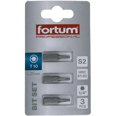 FORTUM Csavarhúzó bit (behajtóhegy), TORX T10 x 25 mm, 1/4", S2 acél (3 db)