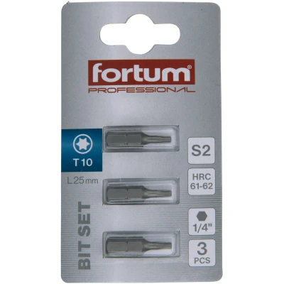 FORTUM Csavarhúzó bit (behajtóhegy), TORX T10 x 25 mm, 1/4", S2 acél (3 db)