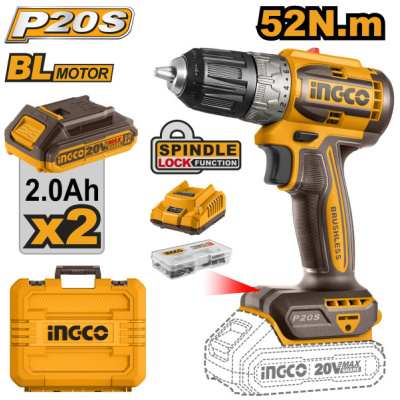INGCO Akkus fúró-csavarozó 52 Nm szénkefe nélküli 20 V (2 x 2,0 Ah akku + töltő)
