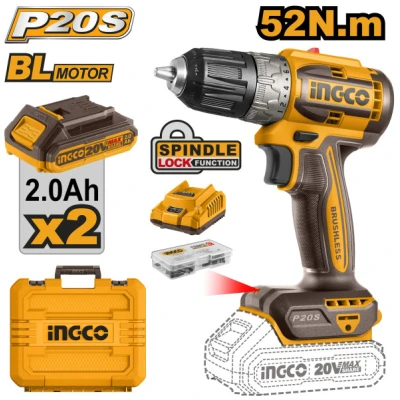 INGCO Akkus fúró-csavarozó 52 Nm szénkefe nélküli 20 V (2 x 2,0 Ah akku + töltő)