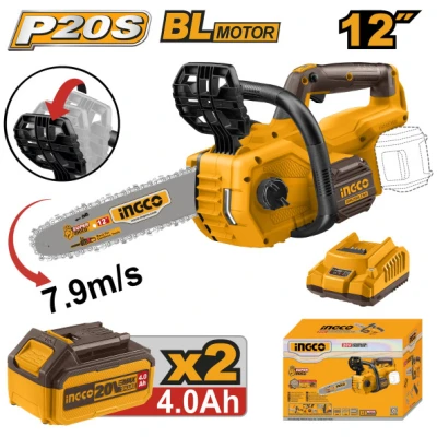 INGCO Akkus láncfűrész 300 mm szénkefe nélküli 20 V (2 x 4,0 Ah akku + töltő)