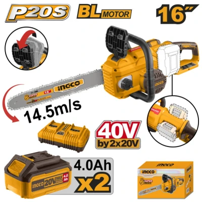 INGCO Akkus láncfűrész 400 mm szénkefe nélküli 2 x 20 V (2 x 4,0 Ah akku + töltő)