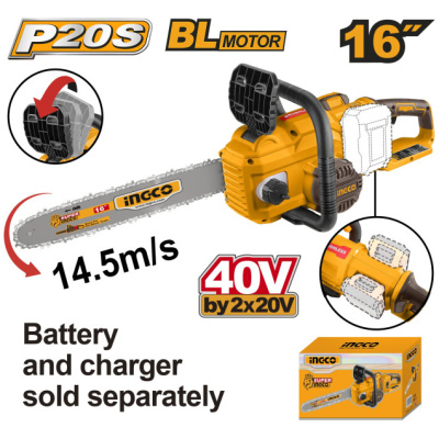 INGCO Akkus láncfűrész 400 mm szénkefe nélküli 2 x 20 V (akku és töltő nélkül)