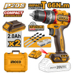 INGCO Akkus ütvefúró-csavarozó 66 Nm szénkefe nélküli 20 V (2 x 2,0 Ah akku + töltő)