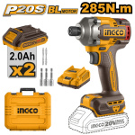INGCO Akkus ütvecsavarozó 1/4" 285 Nm szénkefe nélküli 20 V (2 x 2,0 Ah akku + töltő)