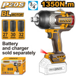 INGCO Akkus ütvecsavarozó 3/4" 1350 Nm szénkefe nélküli 20 V (akku és töltő nélkül)