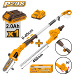 INGCO Akkus magassági sövény 460 mm és ágvágó 200 mm 0-400 mm 20 V (1 x 2,0 Ah akku + töltő)