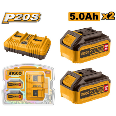 INGCO Akkumulátor és töltő szett (2 x 5,0 Ah akku + 8,0 A dupla töltő)