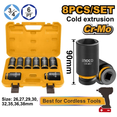 INGCO Gépi dugókulcs készlet 8 részes hosszú 3/4" 26-38 mm CrMo