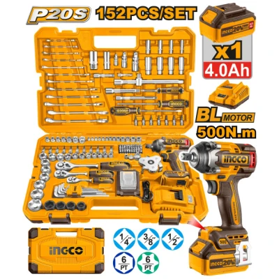 INGCO Akkus ütvecsavarozó 500 Nm szénkefe nélküli 20 V (1 x 4,0 Ah akku + töltő) + 149 részes sze