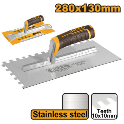 INGCO Fogazott glettvas 130 x 280 mm inox 10 x 10 mm lágy fogantyús