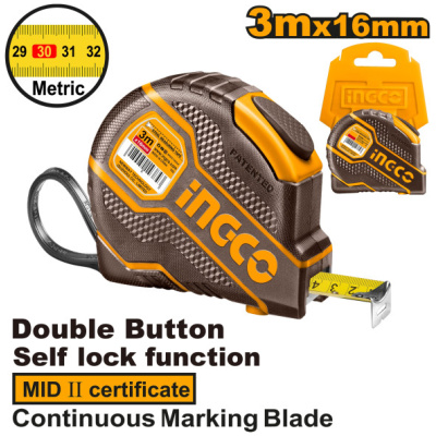 INGCO Mérőszalag 3 m x 16 mm gumírozott