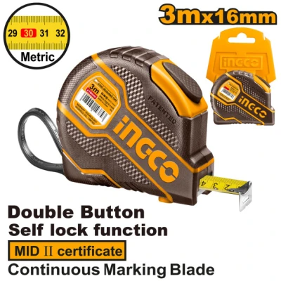 INGCO Mérőszalag 3 m x 16 mm gumírozott