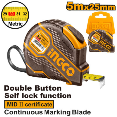 INGCO Mérőszalag 5 m x 25 mm gumírozott